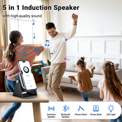 🎶📱 5-in-1 Wireless Induction Bluetooth Speaker with Adjustable Phone Stand